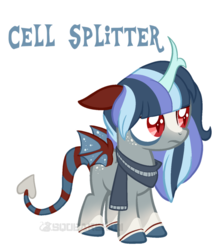 Size: 1024x1182 | Tagged: safe, artist:squeakshimi, oc, oc only, oc:cell splitter, hybrid, base used, clothes, interspecies offspring, male, offspring, parent:discord, parent:trixie, parents:trixcord, scarf, simple background, solo, transparent background