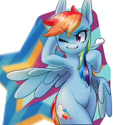Size: 1172x1297 | Tagged: safe, artist:catpepper, rainbow dash, pegasus, pony, semi-anthro, g4, armpits, backwards cutie mark, female, looking at you, mare, one eye closed, solo, wink