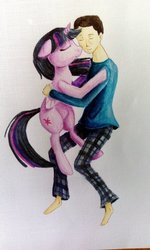 Size: 692x1154 | Tagged: safe, artist:aohakath, twilight sparkle, oc, alicorn, human, pony, g4, barefoot, canon x oc, carrying, clothes, cloud, couple, cuddling, cute, feet, female, fun, happy, heart, hug, human male, human on pony snuggling, incoming hug, interspecies, love, lying, male, mane, mare, mate, shipping, smiling, snuggling, traditional art, true love, twilight sparkle (alicorn), wings