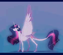 Size: 1900x1650 | Tagged: safe, artist:eugenchen, twilight sparkle, alicorn, pony, g4, abstract background, alternate design, coat markings, colored wings, colored wingtips, curved horn, cutie mark, dappled, ethereal mane, female, horn, leonine tail, letterboxing, long tail, mare, shadow, solo, spread wings, starry mane, stripes, twilight sparkle (alicorn), unshorn fetlocks, wings