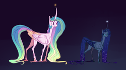 Size: 2000x1100 | Tagged: safe, artist:eugenchen, princess celestia, princess luna, alicorn, pony, g4, abstract background, alternate design, colored wings, curved horn, duo, ethereal mane, female, gradient background, horn, looking at each other, looking back, mare, missing accessory, missing cutie mark, moon, one eye closed, siblings, sisters, starry mane, sun, transparent wings, unshorn fetlocks, wink