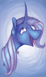 Size: 496x822 | Tagged: safe, artist:eugenchen, trixie, pony, unicorn, g4, abstract background, bust, curved horn, eyeroll, female, horn, laughing, mare, open mouth, solo