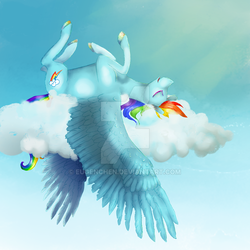 Size: 800x800 | Tagged: safe, artist:eugenchen, rainbow dash, pegasus, pony, g4, backwards cutie mark, cloud, crepuscular rays, eyes closed, female, mare, nap, on back, sky, sleeping, solo, spread wings, watermark, wings