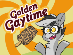 Size: 1502x1140 | Tagged: safe, artist:threetwotwo32232, oc, oc only, oc:bandy cyoot, pony, raccoon pony, food, golden gaytime, happy, ice cream, solo