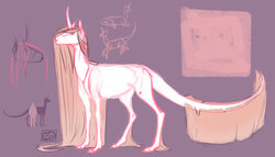 Size: 1024x584 | Tagged: safe, artist:eugenchen, oc, oc only, pony, unicorn, blank flank, concept art, curved horn, horn, leonine tail, long hair, long tail, reference sheet, size comparison, solo, wip