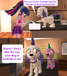 Size: 1920x2160 | Tagged: safe, artist:red4567, rarity, sci-twi, spike, spike the regular dog, twilight sparkle, dog, equestria girls, g4, 3d, book, clothes, collar, comic, dogified, female, glasses, heart eyes, male, ponytail, raridog, ship:sparity, shipping, skirt, source filmmaker, species swap, spell gone wrong, spellbook, straight, swiggity swooty, tail wag, transformation, wingding eyes