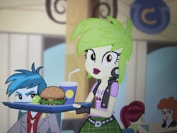 Size: 4032x3024 | Tagged: safe, screencap, cherry crash, golden hazel, rose heart, thunderbass, equestria girls, equestria girls specials, g4, my little pony equestria girls: better together, my little pony equestria girls: forgotten friendship, burger, cafeteria, drink, drinking straw, female, food, hamburger, male, tray