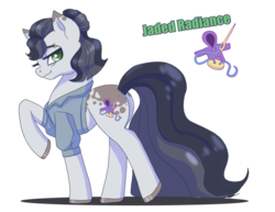 Size: 1017x786 | Tagged: safe, artist:xxcommandershepardxx, oc, oc only, oc:jaded radiance, earth pony, pony, clothes, colored hooves, cutie mark, female, green eyes, jacket, mare, raised hoof, simple background, solo, transparent background