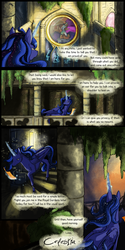 Size: 1280x2560 | Tagged: safe, artist:seventozen, princess luna, pony, comic:the day breaks softly, comic, female, letter, magic, plant, solo, stained glass