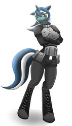 Size: 728x1280 | Tagged: safe, artist:ansil, oc, oc only, oc:skyfall, unicorn, anthro, unguligrade anthro, armor, crossed arms, fallout, fallout: new vegas, female, green eyes, looking at you, mare, simple background, standing, stealth suit mk ii, white background