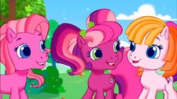 Size: 1280x720 | Tagged: safe, screencap, cheerilee (g3), pinkie pie (g3), toola-roola, g3, g3.5, cloud, pigtails, sky, tree