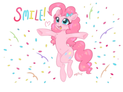 Size: 1600x1200 | Tagged: safe, artist:kaikururu, pinkie pie, earth pony, pony, g4, armpits, confetti, cute, diapinkes, female, mare, open mouth, simple background, smiling, solo, transparent background