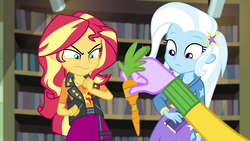Size: 1920x1080 | Tagged: safe, screencap, micro chips, sunset shimmer, trixie, equestria girls, equestria girls specials, g4, my little pony equestria girls: better together, my little pony equestria girls: forgotten friendship, carrot, female, food, geode of empathy, magical geodes, male