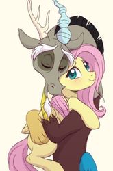 Size: 352x533 | Tagged: safe, artist:akeahi, edit, discord, fluttershy, draconequus, pegasus, pony, g4, cropped, cute, female, folded wings, hug, male, needs more jpeg, ship:discoshy, shipping, simple background, straight