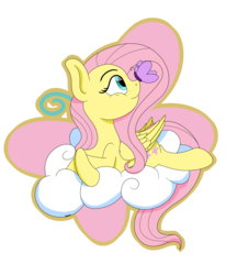 Size: 2500x2900 | Tagged: safe, artist:theartistsora, fluttershy, butterfly, pegasus, pony, g4, butterfly on nose, cloud, female, folded wings, high res, insect on nose, looking at something, mare, on a cloud, outline, profile, prone, simple background, smiling, solo, transparent background, turned head
