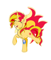 Size: 2500x2900 | Tagged: safe, artist:theartistsora, sunset shimmer, pony, unicorn, g4, cutie mark background, dancing, eyes closed, female, headphones, high res, mare, open mouth, outline, raised hoof, raised leg, simple background, smiling, solo, white background