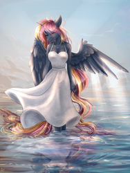 Size: 1500x2000 | Tagged: safe, artist:alicesmitt31, oc, oc only, alicorn, pegasus, anthro, alicorn oc, anthro oc, clothes, digital art, dress, female, mare, smiling, solo, spread wings, water, white dress, wings