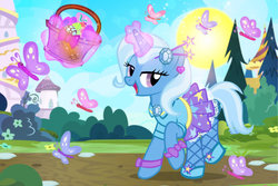 Size: 1024x683 | Tagged: safe, artist:pixelkitties, trixie, butterfly, pony, unicorn, g4, basket, clothes, easter, easter egg, fancy, female, glowing horn, holiday, horn, magic, mare, smiling, sun