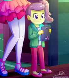 Size: 1020x1160 | Tagged: safe, artist:the-butch-x, lily pad (g4), pinkie pie, equestria girls, g4, my little pony equestria girls: better together, pinkie sitting, babysitting, background human, child, clothes, cute, duo, female, head out of frame, ipad, legs, pants, pantyhose, sandals, shirt, shoes, skirt, tablet, young