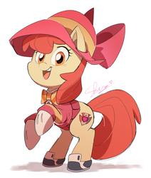 Size: 1827x2152 | Tagged: safe, artist:shira-hedgie, apple bloom, earth pony, pony, g4, adorabloom, bow, bowtie, cloche hat, clothes, cute, cutie mark, female, filly, hair bow, hat, outfit, rearing, shoes, simple background, solo, the cmc's cutie marks, white background