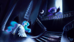 Size: 1500x864 | Tagged: safe, artist:nemo2d, nightmare moon, princess celestia, alicorn, pony, g4, armor, banner, castle of the royal pony sisters, crying, female, mare, moon, night, spread wings, stairs