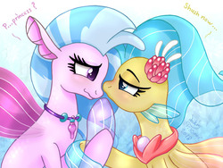 Size: 1600x1200 | Tagged: safe, artist:joakaha, princess skystar, silverstream, seapony (g4), g4, my little pony: the movie, school daze, bedroom eyes, blue eyes, blue mane, blushing, clothes, cousins, crepuscular rays, digital art, female, fin wings, fins, flower, flower in hair, flowing mane, incest, jewelry, lesbian, looking at each other, looking at someone, necklace, ocean, pearl necklace, purple eyes, scales, seapony silverstream, see-through, shipping, signature, simple background, skystream, sunlight, swimming, underwater, water, white background, wings
