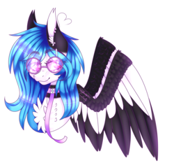 Size: 2984x2779 | Tagged: safe, artist:honeybbear, oc, oc only, oc:beatz, pegasus, pony, bust, chest fluff, collar, colored pupils, colored wings, colored wingtips, ear fluff, ear piercing, female, glasses, high res, looking at you, mare, piercing, portrait, simple background, solo, spread wings, transparent background, two toned wings, wings