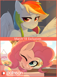 Size: 2082x2809 | Tagged: safe, artist:fensu-san, pinkie pie, rainbow dash, earth pony, pegasus, anthro, g4, advertisement, anthro with ponies, explicit source, female, heart eyes, high res, mare, patreon, patreon logo, patreon preview, solo, wingding eyes