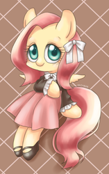 Size: 577x920 | Tagged: safe, artist:shusu, fluttershy, pegasus, pony, g4, blouse, bow, clothes, cute, dress, female, hair bow, looking at you, mary janes, shoes, sitting, skirt, solo