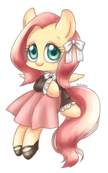 Size: 577x920 | Tagged: safe, artist:shusu, fluttershy, pegasus, pony, g4, blouse, bow, clothes, cute, dress, female, hair bow, looking at you, mary janes, shoes, simple background, sitting, skirt, solo, white background