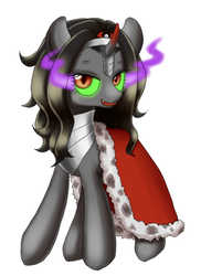 Size: 627x859 | Tagged: safe, artist:shusu, king sombra, pony, unicorn, g4, curved horn, glowing eyes, horn, queen umbra, rule 63, simple background, smiling, solo, sombra eyes, white background