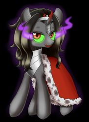 Size: 627x859 | Tagged: safe, artist:shusu, king sombra, pony, unicorn, g4, black background, curved horn, glowing eyes, horn, queen umbra, rule 63, simple background, smiling, solo, sombra eyes