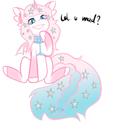 Size: 508x505 | Tagged: safe, artist:dookin, artist:pastel-pony-princess, color edit, edit, oc, oc only, alicorn, bat pony, bat pony alicorn, pony, bat pony oc, coat markings, collar, colored, curved horn, cute, ear fluff, female, gradient tail, hoof on chin, horn, looking at you, simple background, sitting, slit pupils, socks (coat markings), solo, transparent background, unshorn fetlocks, you mad?