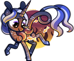 Size: 1981x1651 | Tagged: safe, artist:amberpone, oc, oc only, oc:liquid orbit, fish, pony, unicorn, adult, blue, blue hair, contest prize, cutie mark, digital art, eyes open, female, food, full body, glowing, heart eyes, horn, lighting, lineart, long horn, long tail, looking down, mare, orange, original character do not steal, pink, purple, purple eyes, shading, simple background, solo, standing, transparent background, underwater, wingding eyes, yellow
