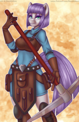 Size: 742x1148 | Tagged: safe, artist:bumblebun, part of a set, maud pie, earth pony, anthro, g4, clothes, female, gloves, lidded eyes, looking at you, mare, pickaxe, solo