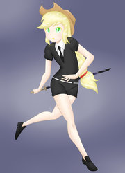Size: 1600x2222 | Tagged: safe, artist:zoxriver503, applejack, human, g4, clothes, cowboy hat, female, hat, houseki no kuni, humanized, katana, land of the lustrous, looking at you, necktie, solo, stetson, sword, weapon
