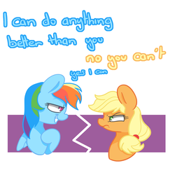 Size: 1500x1500 | Tagged: safe, artist:lou, applejack, rainbow dash, g4, annie get your gun, anything you can do, betty hutton, duo, duo female, female, fight, grin, howard keel, smiling, song reference, this will end in angry countryisms, unamused
