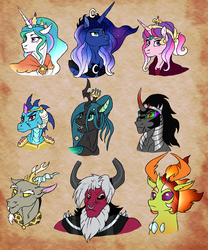 Size: 1500x1800 | Tagged: safe, artist:shimazun, discord, king sombra, lord tirek, princess cadance, princess celestia, princess ember, princess luna, queen chrysalis, thorax, alicorn, changedling, changeling, draconequus, dragon, pony, unicorn, g4, alternate hairstyle, alternate universe, dragon lord ember, dragoness, female, king thorax, middle ages, middle ages au, nose piercing, nose ring, piercing, royal sisters, scar, septum piercing, story included