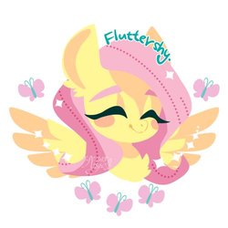 Size: 500x500 | Tagged: safe, artist:snow angel, fluttershy, pegasus, pony, g4, bust, cute, eyes closed, female, mare, name, portrait, shyabetes, simple background, smiling, solo, wings