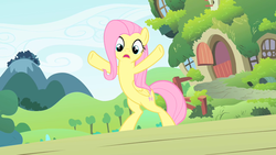 Size: 1280x720 | Tagged: safe, screencap, fluttershy, pegasus, pony, g4, the cutie mark chronicles, bipedal, female, fluttershy's cottage, hooves in air, standing