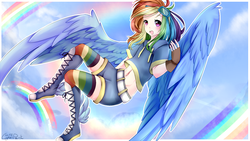 Size: 1920x1080 | Tagged: safe, artist:wolfchen999, rainbow dash, human, g4, anime, belly button, boots, clothes, converse, female, fingerless gloves, gloves, humanized, midriff, open mouth, rainbow socks, shoes, short shirt, shorts, socks, solo, striped socks, winged humanization, wings