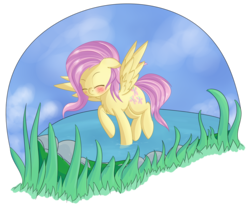 Size: 1897x1556 | Tagged: safe, artist:brok-enwings, fluttershy, pegasus, pony, g4, blushing, cute, eyes closed, female, flying, mare, plants, pond, raised hoof, rock, shyabetes, simple background, smiling, solo, spread wings, transparent background, water, wings