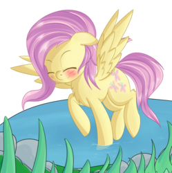 Size: 1004x1010 | Tagged: safe, artist:brok-enwings, fluttershy, pegasus, pony, g4, blushing, cute, eyes closed, female, flying, mare, plants, pond, raised hoof, rock, shyabetes, simple background, smiling, solo, spread wings, transparent background, water, wings