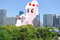 Size: 1936x1296 | Tagged: safe, artist:jhayarr23, artist:theotterpony, oc, oc only, oc:flora, earth pony, pony, female, floral head wreath, flower, giant ponies in real life, giant pony, macro, mare, solo, tokyo