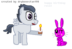 Size: 383x259 | Tagged: safe, artist:drypony198, rumble, oc, oc:rosie bunny, pegasus, pony, rabbit, g4, birthday, candle, cupcake, food