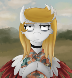 Size: 811x873 | Tagged: safe, artist:deraniel, oc, oc:silver hush, pegasus, pony, bags under eyes, clothes, female, hooves together, mare, outdoors, tired