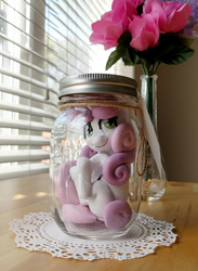 Size: 800x1091 | Tagged: safe, artist:dstears, sweetie belle, pony, g4, blank flank, craft, female, filly, irl, jar, jar of pony, looking at you, photo, pony in a bottle, solo