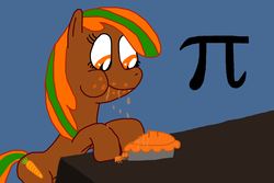 Size: 3144x2106 | Tagged: safe, artist:sb1991, oc, oc:carrot root, pony, carrot, challenge, crumbs, eating, equestria amino, food, herbivore, high res, pi day, pie, symbol