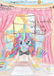 Size: 2448x3481 | Tagged: safe, artist:magnifsunspiration, oc, oc only, oc:feeria lovestory, pony, bowtie, clothes, curtains, female, high res, magic, mare, pencil, shirt, solo, sun, traditional art