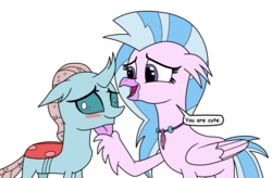 Size: 1727x1135 | Tagged: safe, artist:eagc7, ocellus, silverstream, changedling, changeling, classical hippogriff, hippogriff, g4, blushing, cute, dialogue, diaocelles, diastreamies, eye contact, female, floppy ears, interspecies, lesbian, looking at each other, open mouth, ship:ocellustream, shipping, simple background, smiling, text, transparent background, truth